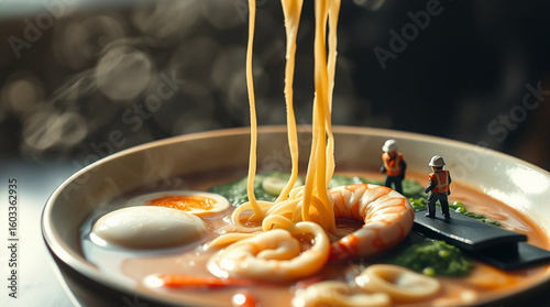 Miniature Workers Building Ramen Noodles