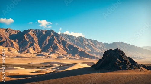 Vast Desert Landscape with Dunes and Mountains