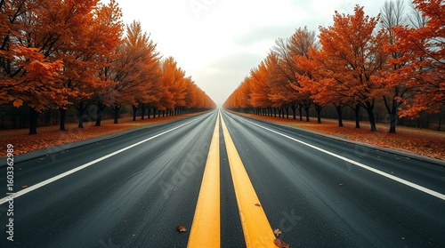 Autumn Road Lined with Orange Trees