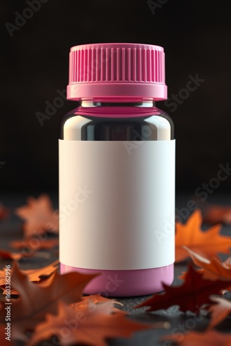 Blank Pink Bottle Mockup with Autumn Leaves