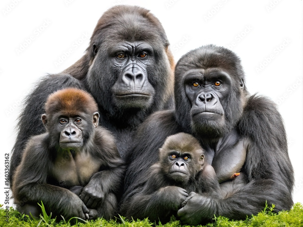 Obraz premium Gorilla family portrait: silverback, female, and baby gorillas in the wild life isolated on white background
