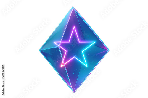 Transparent glass diamond encasing glowing neon star, radiating luminous geometric brilliance against pristine white backdrop