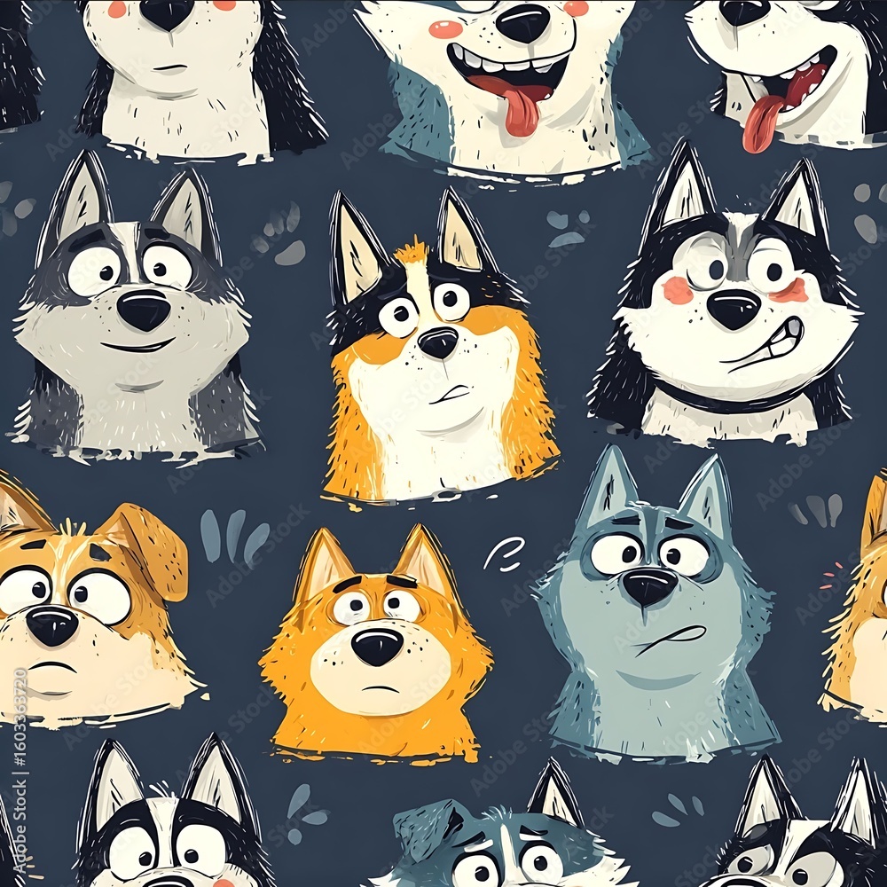funny husky faces vector cartoon seamless pattern. funny husky faces vector cartoon seamless pattern.