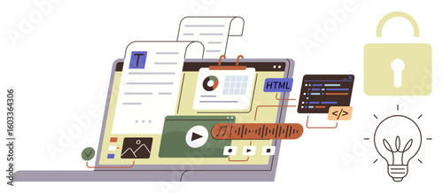Laptop displaying documents, graphs, code, and media with lock and lightbulb. Ideal for web development, security, technology, innovation, creative work online learning and digital transformation