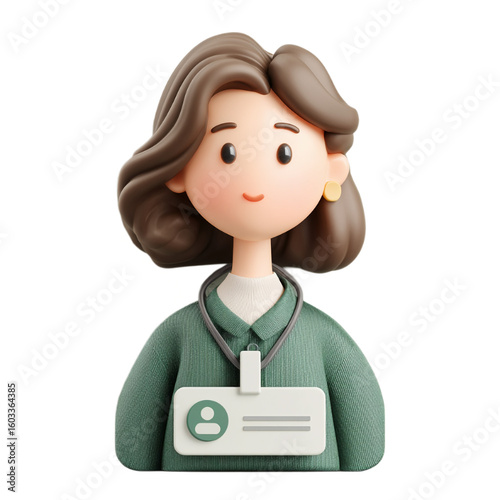 3D ID card with a smiling woman avatar isolated on a transparent background, clipart, 3D sticker, 3D character