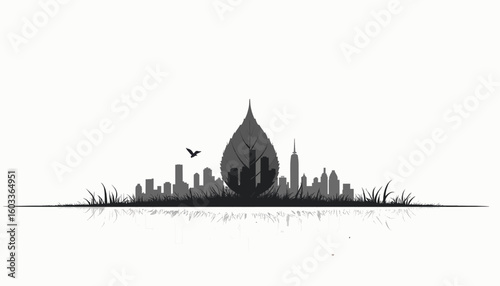 A city skyline is reflected in a body of water