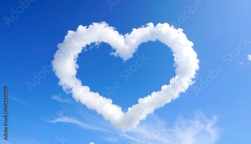Heart shaped cloud floating gently in bright blue sky with soft sunlight and fluffy glowing textures in peaceful air