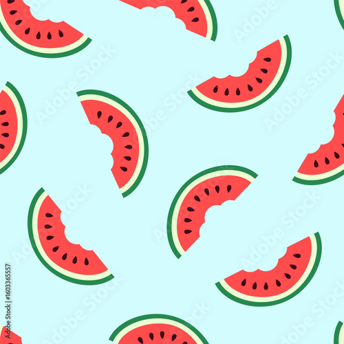 Bright seamless pattern of bitten watermelon slices on light blue background. For summer, food, kids design, printing packaging, wallpaper, fabric, textile, decor. Hand drawn. Cartoon flat vector.