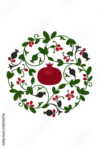Pomegranate floral ornament in circular folk style, vector design in red, green and black, symbol of fertility and traditional celebration