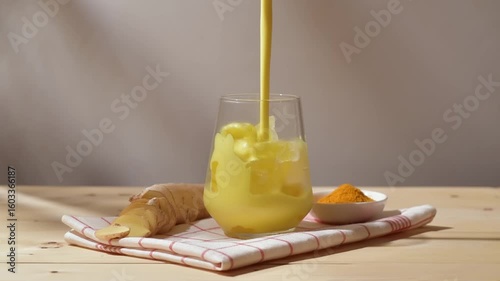 Golden turmeric latte poured over ice in glass, fresh ginger root and turmeric powder on linen, bright sunlight, cozy morning mood.