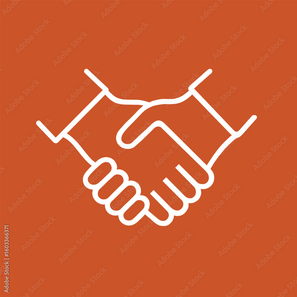 Obraz premium Minimalist vector icon of a handshake symbolizing agreement and cooperation, depicted in white line art on a solid orange background