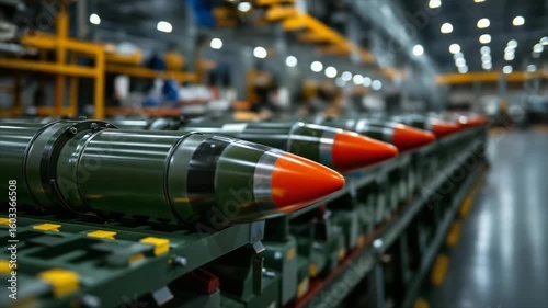 Military missile assembly line showcasing advanced technology and precision production in a well-lit facility