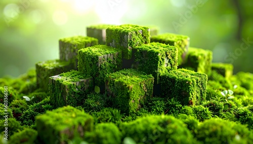 Geometric shapes covered in lush green moss nature