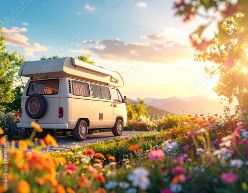 A Camper Van Summer Background. 4K