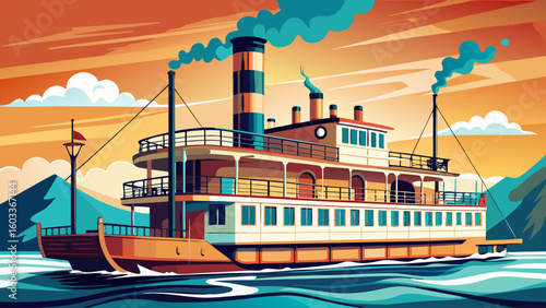 An old paddle steamer with smoke stack rendered as bright vector graphic on calm water with single color palette