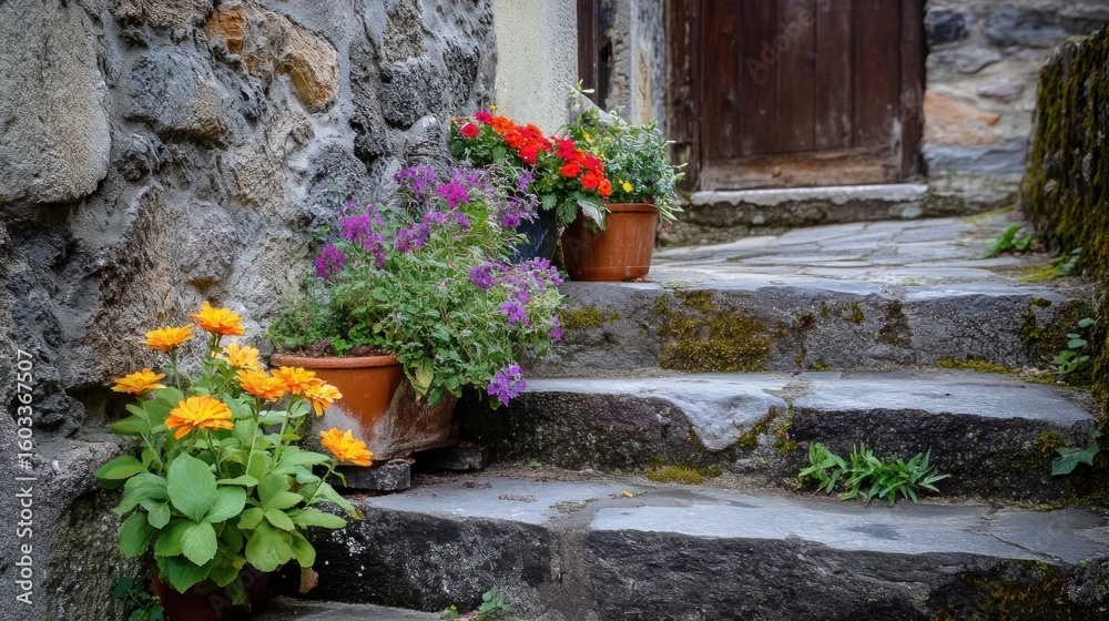 Fototapeta premium Rustic steps with colorful flowers