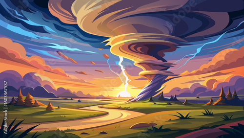 A dramatic storm at sunset producing a powerful tornado twisting through the countryside with sheet lightning. Landscape mixed media illustration.