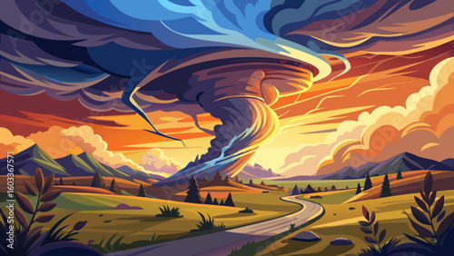 A dramatic storm at sunset producing a powerful tornado twisting through the countryside with sheet lightning. Landscape mixed media illustration.