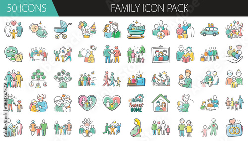 Family Icon Pack with 50 Parenting and Relationship Elements - A heartwarming collection of 50 cartoon-style family icons, featuring parents, children, activities, love, and caregiving symbols 