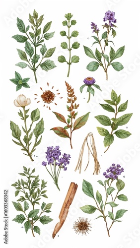 Botanical illustration featuring a variety of plants with leaves, flowers, and natural elements