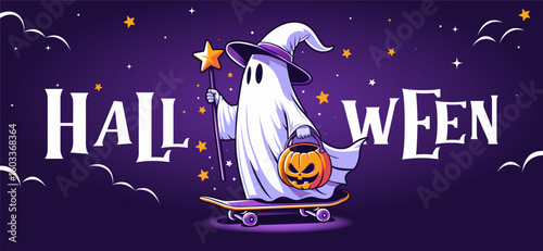 Happy Halloween banner, card, flyer template. Halloween background design illustration. Halloween party greeting card. Halloween Promotion Poster. Spooky invitation card. Holiday cartoon character