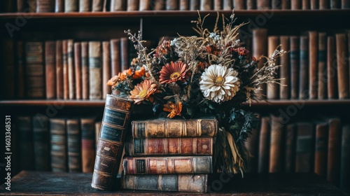 Dried flowers on antique books in a library