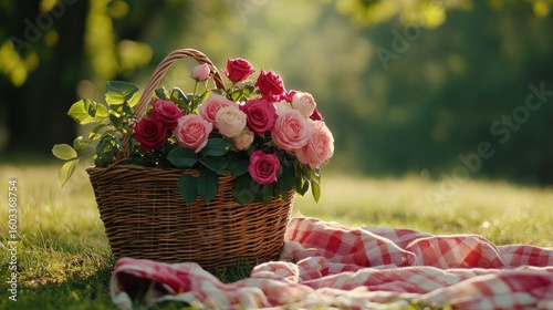 Basket of roses on a picnic blanket in a park