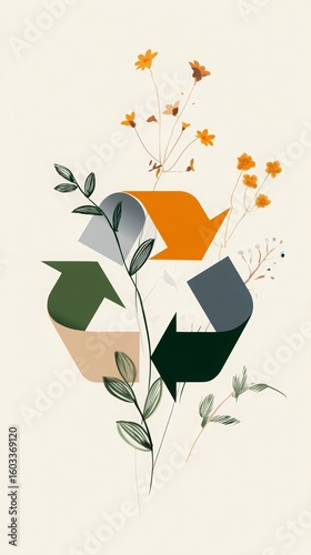 Recycling icons blending with elegant botanical elements, symbolizing eco-friendly harmony and environmental preservation