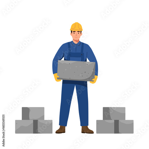 Construction worker lifting concrete block in work attire and helmet, transparent background, isolated, vector 
