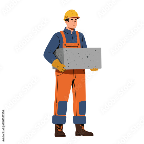 Construction worker carrying concrete block in safety gear, transparent background, isolated, vector  