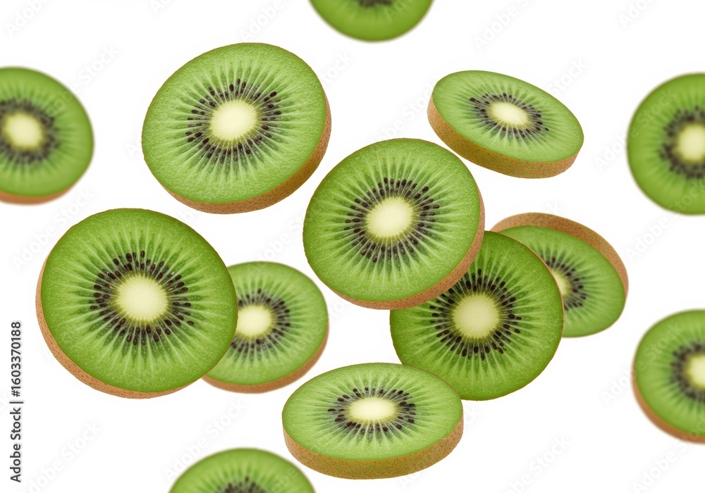 Fototapeta premium A scattered arrangement of fresh kiwi fruit slices, showcasing their vibrant green color and intricate seed pattern, against a bright white background, creating a fresh, healthy visual.