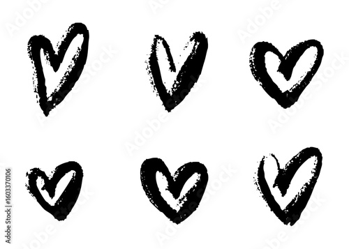 Grunge heart icons set. Scribble ink hearts drawn with markers and crayons. Rough hand-drawn grunge heart shapes for romantic or Valentine design.