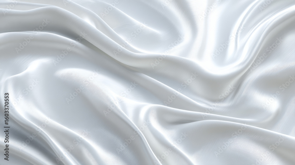 Fototapeta premium Luxurious white silk fabric background with a fluid, wave-like motion and soft folds, ideal for high-end abstract design