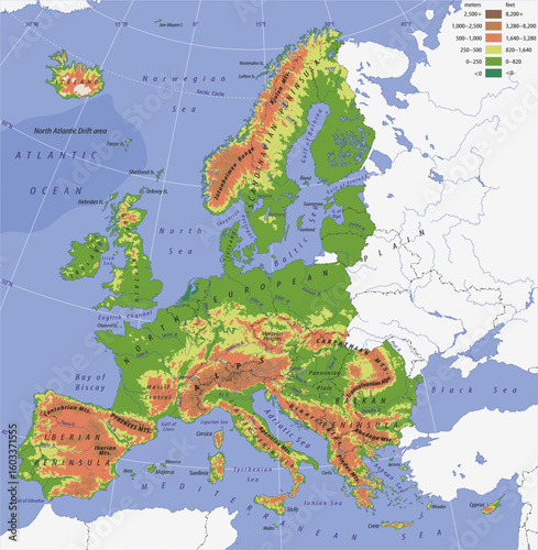 Vector physical world map with geography landscape of europe. Fragment of european region with
rivers, seas, mountains of italy, great britain, ireland,
balkan, iberian and scandinavia peninsula.