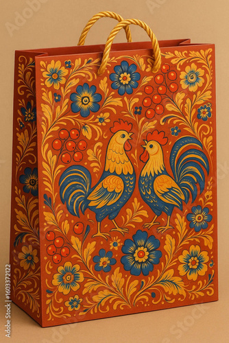 Ornate Gift Bag with Folk Art Roosters, Floral and Berry Design, Warm Tones