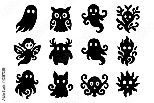 Whimsical creature silhouettes set with ghostly and mystical designs