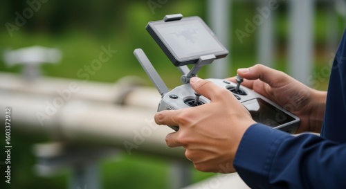 Closeup of hands maneuvering drone remote during plant safety survey.