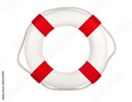 A life buoy, detailed and ready for deployment, isolated on a white background, for water safety.