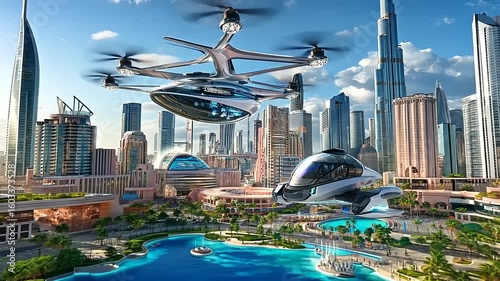 Futuristic cityscape with autonomous flying taxis over Dubai iconic buildings