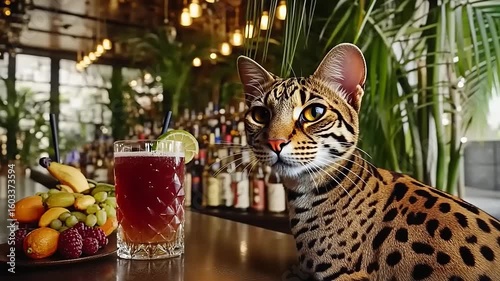 Sophisticated feline companion perched at bar next to fruit cocktail