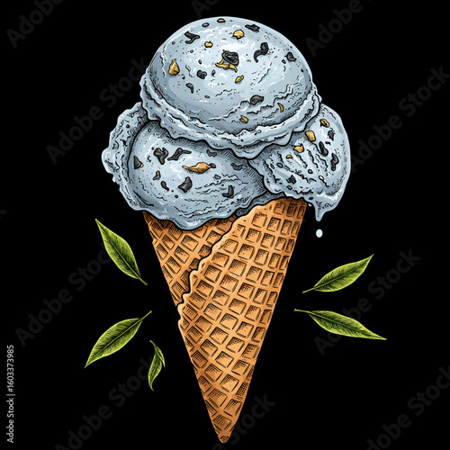 Earl Grey ice cream in cone on black background, vector illustration