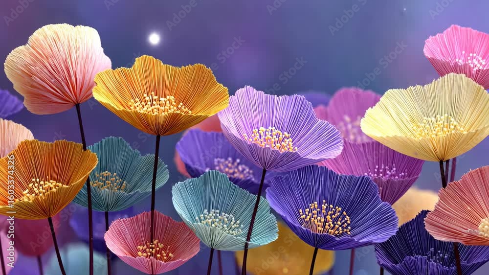 Animated Colorful Paper Flowers Blooming in a Dreamy Nightscape with Stars