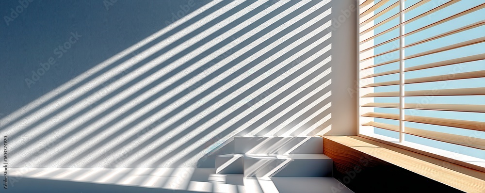 Obraz premium Light and shadow patterns from window blinds in a minimalist interior