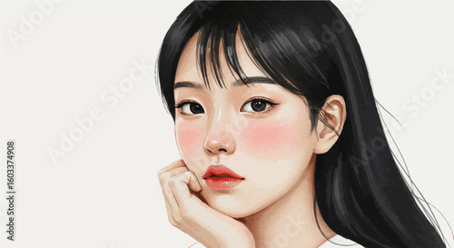Beautiful oriental woman with makeup posing in studio closeup