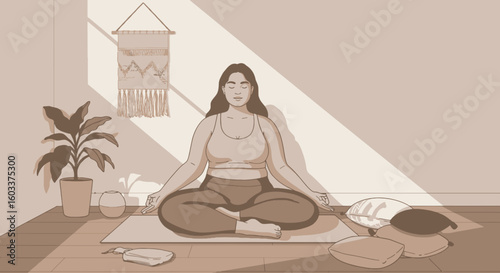 Calm workspace with tea, essential oils, prayer beads, and candle 