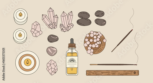 Calm workspace with tea, essential oils, prayer beads, and candle 