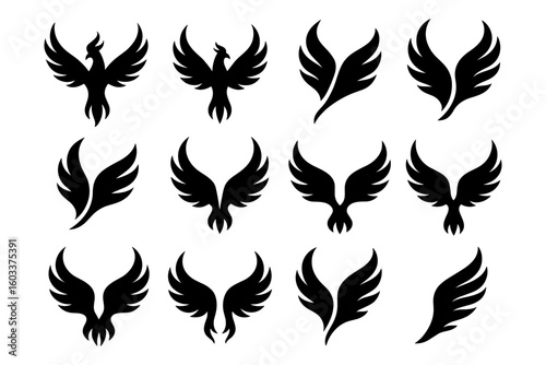 Collection of elegant phoenix wing silhouettes in minimalist design