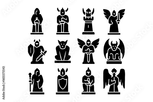 Silhouette chess pieces: medieval fantasy icons with angels and demons