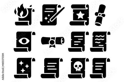 Magic scroll silhouette icons: enchanted collection with scrolls, spells, and symbols