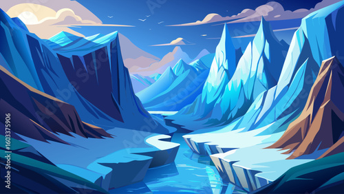 An enormous glacier slowly creeps through a canyon carved by ancient ice flows, towering walls of blue-white ice catching soft sunlight